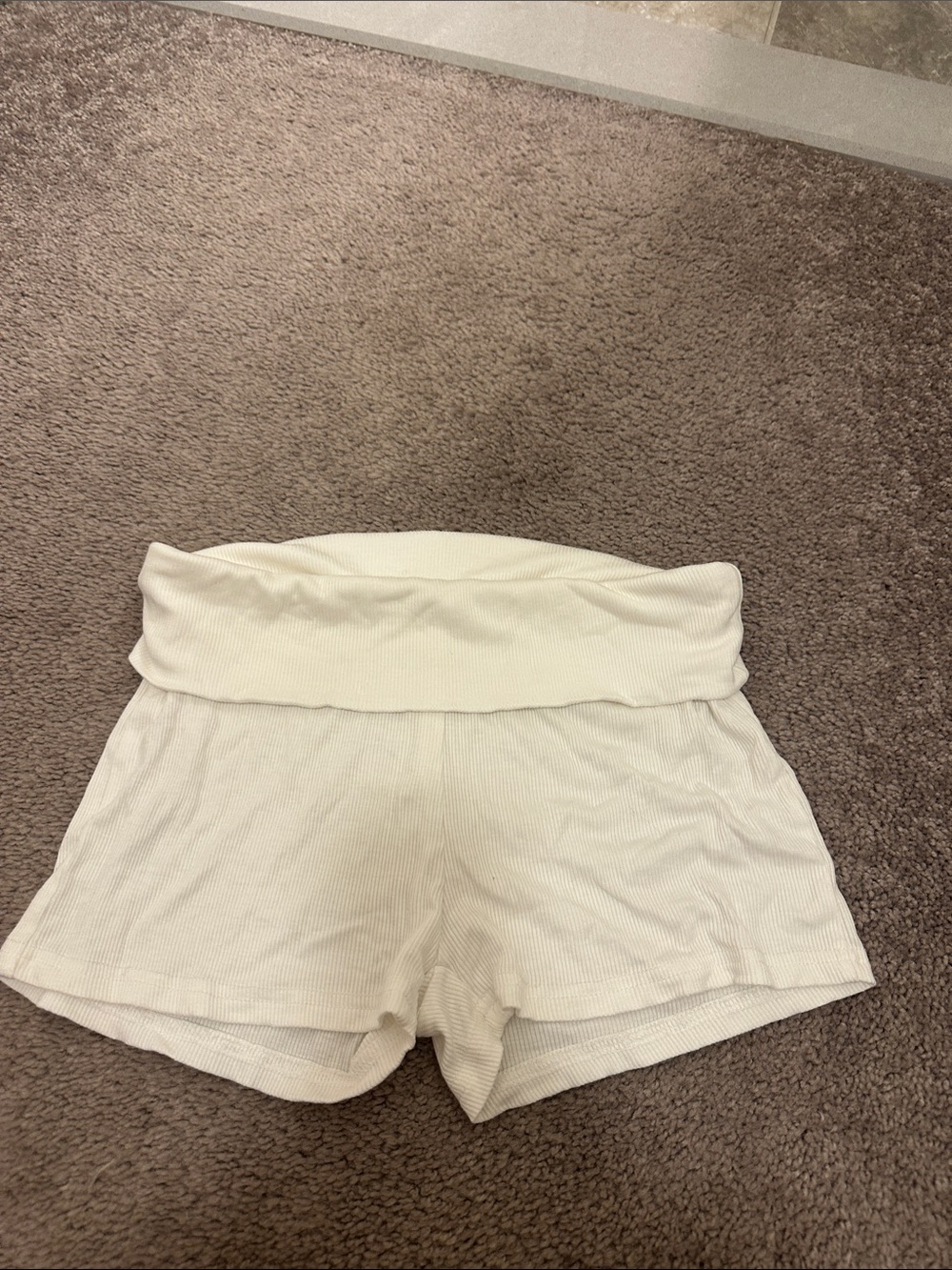 Cream Ribbed Fold-Over Waistband Shorts